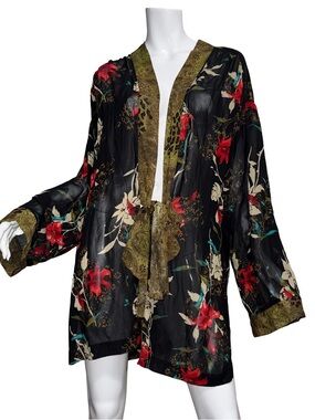 💖 Francesca Rose Sheer Black Floral Kimono Boho Chic Gypsy Indie Romantic